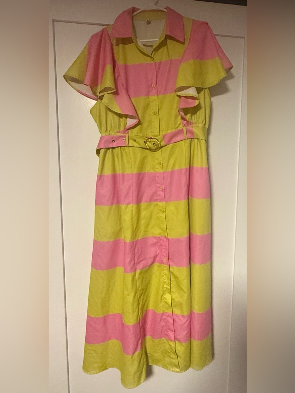 OSHOPLIVE Neon Pink & Yellow Striped Belted Flutter Sleeve Dress- Fits L to 1X